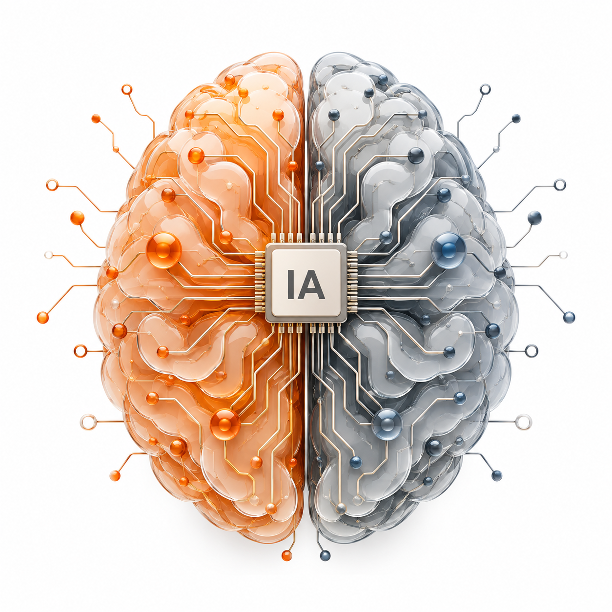 Cérebro de inteligência artificial formado por circuitos em laranja e cinza, sobre fundo branco